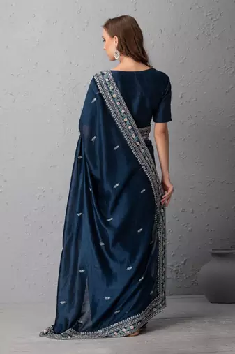 Mid Night Blue Chanderi Silk Saree With Duptta & Resham Work Border Organza Pleats