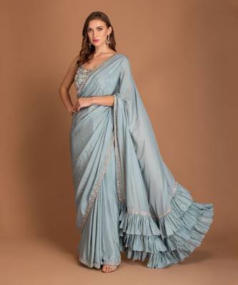 Ice Blue Ruffle Saree With Hand Embellished Of Dabka & Border Blouse 1