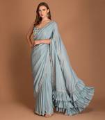 Ice Blue Ruffle Saree With Hand Embellished Of Dabka & Border Blouse