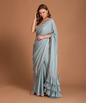 Ice Blue Ruffle Saree With Hand Embellished Of Dabka & Border Blouse 2