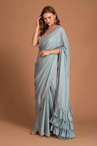 Ice Blue Ruffle Saree With Hand Embellished Of Dabka & Border Blouse