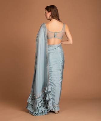 Ice Blue Ruffle Saree With Hand Embellished Of Dabka & Border Blouse 3