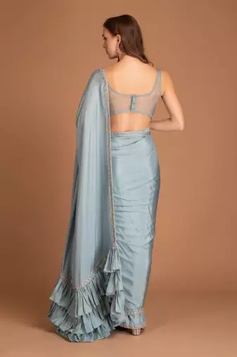 Ice Blue Ruffle Saree With Hand Embellished Of Dabka & Border Blouse