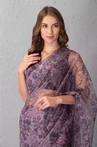 Mauve Chalk Saree With Deep Tone Plum Purple Blouse
