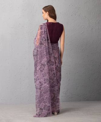 Mauve Chalk Saree With Deep Tone Plum Purple Blouse 3