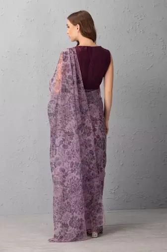 Mauve Chalk Saree With Deep Tone Plum Purple Blouse