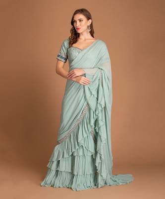 Ice Blue Ruffle Saree Drapped With Mirror Work Border & Raw Silk Blouse With Resham & Dabka Work 1