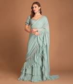 Ice Blue Ruffle Saree Drapped With Mirror Work Border & Raw Silk Blouse With Resham & Dabka Work
