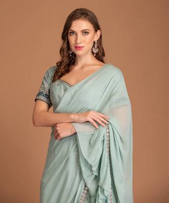 Ice Blue Ruffle Saree Drapped With Mirror Work Border & Raw Silk Blouse With Resham & Dabka Work 2