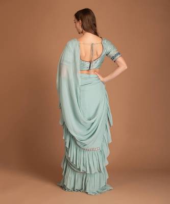 Ice Blue Ruffle Saree Drapped With Mirror Work Border & Raw Silk Blouse With Resham & Dabka Work 3