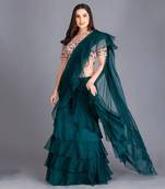 A Must Have For Your Word Ruffled Drapped Save With Multi Colour Thread Work Embroidery On The Blouse