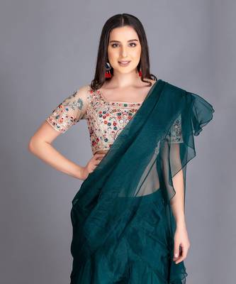 A Must Have For Your Word Ruffled Drapped Save With Multi Colour Thread Work Embroidery On The Blouse 2