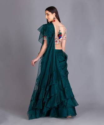 A Must Have For Your Word Ruffled Drapped Save With Multi Colour Thread Work Embroidery On The Blouse 3