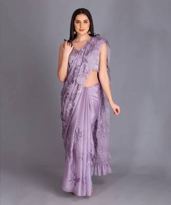 Glam  It Up In Our Lilac Sequin Saree With Floral Motifs And Ruffle Details 1
