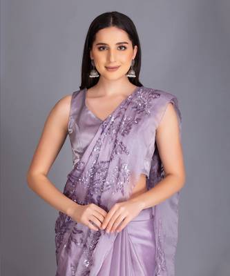Glam  It Up In Our Lilac Sequin Saree With Floral Motifs And Ruffle Details 2