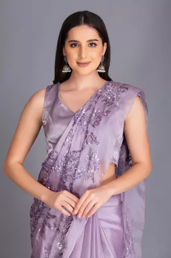 Glam  It Up In Our Lilac Sequin Saree With Floral Motifs And Ruffle Details