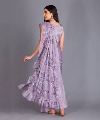 Glam  It Up In Our Lilac Sequin Saree With Floral Motifs And Ruffle Details 3
