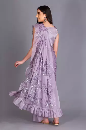 Glam  It Up In Our Lilac Sequin Saree With Floral Motifs And Ruffle Details