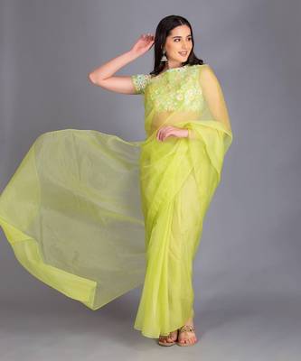 Look Super Classic In This Beautiful Silk Organza Pop Colour  Save With Stylized On Shoulder Multi Colour Sequin Blouse 1