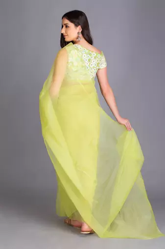 Look Super Classic In This Beautiful Silk Organza Pop Colour  Save With Stylized On Shoulder Multi Colour Sequin Blouse