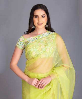 Look Super Classic In This Beautiful Silk Organza Pop Colour  Save With Stylized On Shoulder Multi Colour Sequin Blouse 3