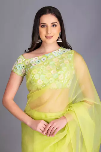 Look Super Classic In This Beautiful Silk Organza Pop Colour  Save With Stylized On Shoulder Multi Colour Sequin Blouse