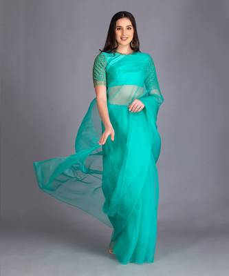 This Summer Add This Exquisite Deep Mint Saree With Hand Embroided Raw Silk Blouse 1