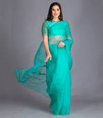 This Summer Add This Exquisite Deep Mint Saree With Hand Embroided Raw Silk Blouse