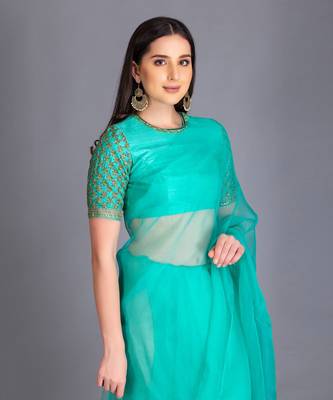This Summer Add This Exquisite Deep Mint Saree With Hand Embroided Raw Silk Blouse 2