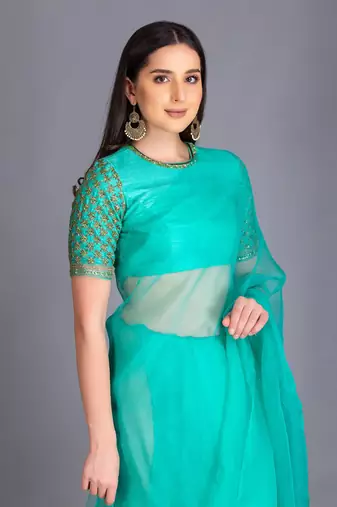 This Summer Add This Exquisite Deep Mint Saree With Hand Embroided Raw Silk Blouse