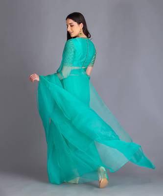 This Summer Add This Exquisite Deep Mint Saree With Hand Embroided Raw Silk Blouse 3