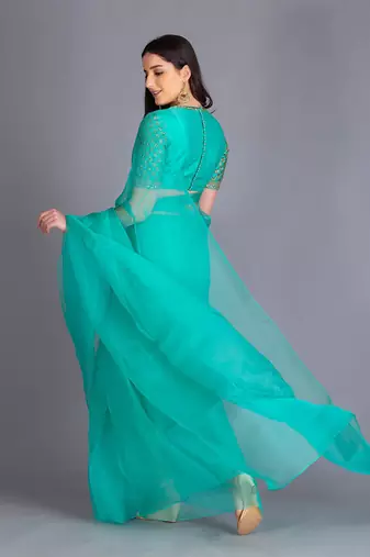 This Summer Add This Exquisite Deep Mint Saree With Hand Embroided Raw Silk Blouse