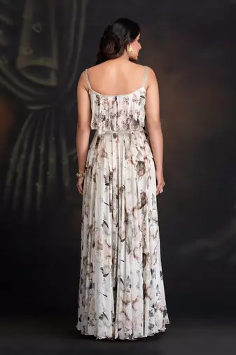 Ivory Botanical Printed Dress With Hand Work Of Sequin And Resham Work