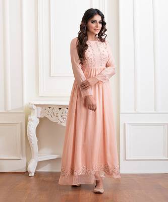 Peach Bloom Chanderi Silk Long Dress With Resham , Sequin ,Dabka Work And Details Of Organza 1