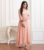 Peach Bloom Chanderi Silk Long Dress With Resham , Sequin ,Dabka Work And Details Of Organza