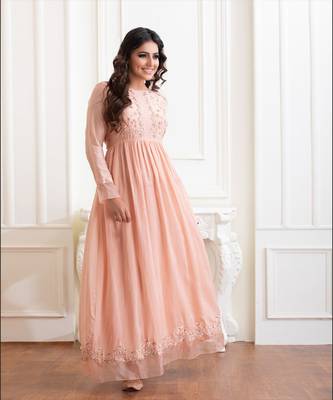 Peach Bloom Chanderi Silk Long Dress With Resham , Sequin ,Dabka Work And Details Of Organza 2