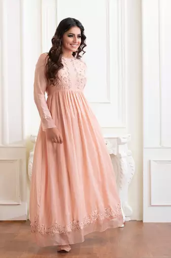Peach Bloom Chanderi Silk Long Dress With Resham , Sequin ,Dabka Work And Details Of Organza