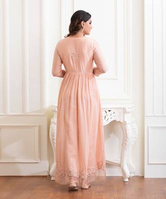 Peach Bloom Chanderi Silk Long Dress With Resham , Sequin ,Dabka Work And Details Of Organza 3
