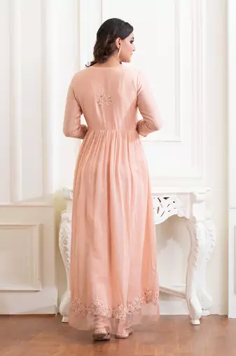 Peach Bloom Chanderi Silk Long Dress With Resham , Sequin ,Dabka Work And Details Of Organza