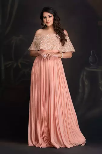 Peach Bloom Georgette Gown With Hand Work Of Sequin & Dabka