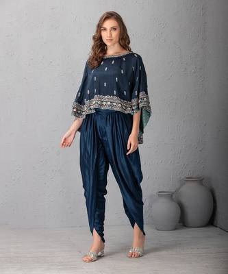 Midnight Blue Cape In Hand Work Of Dabka And Resham Clubbed With Dhoti Pants 1