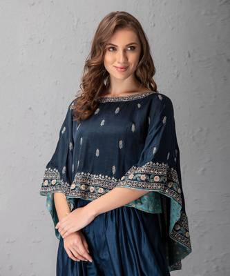 Midnight Blue Cape In Hand Work Of Dabka And Resham Clubbed With Dhoti Pants 2