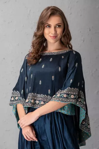 Midnight Blue Cape In Hand Work Of Dabka And Resham Clubbed With Dhoti Pants