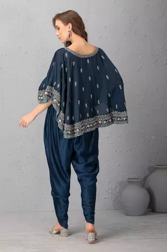 Midnight Blue Cape In Hand Work Of Dabka And Resham Clubbed With Dhoti Pants