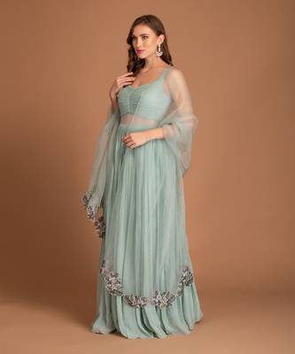 Ice Blue Gown With Souding Detais & Cut Work Dupatta Detail 1