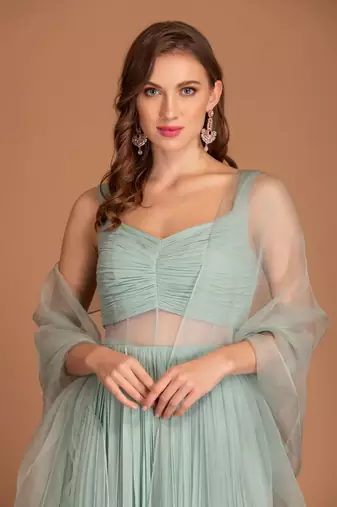 Ice Blue Gown With Souding Detais & Cut Work Dupatta Detail