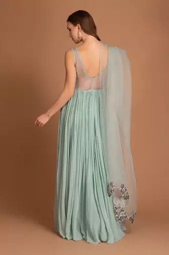 Ice Blue Gown With Souding Detais & Cut Work Dupatta Detail