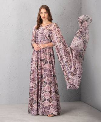 Mauve Chalk Floral Printed Gown With Attached Dupatta Detail 1