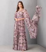 Mauve Chalk Floral Printed Gown With Attached Dupatta Detail