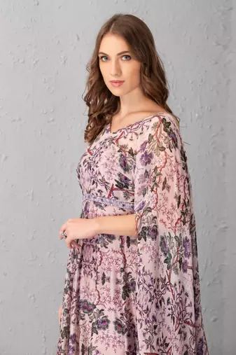 Mauve Chalk Floral Printed Gown With Attached Dupatta Detail